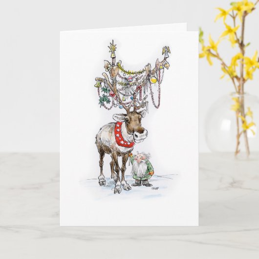 De Kerstkaart van het rendier en van het Elf Kaart (Gele Bloem)