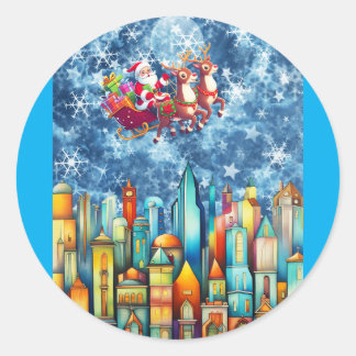 DE KERSTMAN BOVEN DE STAD RONDE STICKER