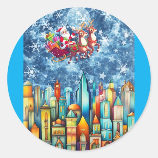 DE KERSTMAN BOVEN DE STAD RONDE STICKER (Voorkant)