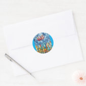 DE KERSTMAN BOVEN DE STAD RONDE STICKER (Envelop)