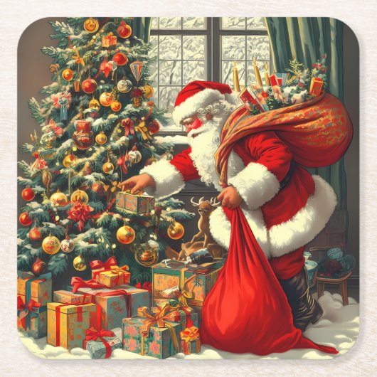 De Kerstman brengt de kinderen plezier Kartonnen Onderzetters (Voorkant)