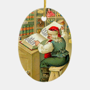 De kerstman controleert zijn lijst keramisch ornament