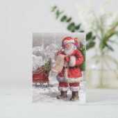 De kerstman controleert zijn lijst tweemaal feestdagenkaart (Staand voorkant)