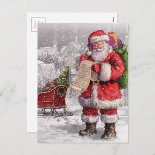 De kerstman controleert zijn lijst tweemaal feestdagenkaart (Voorkant / Achterkant)