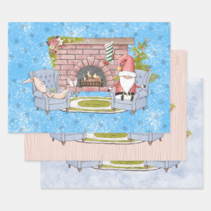 De Kerstman die door de Fireplace met Pasen Bunny  Inpakpapier Vel
