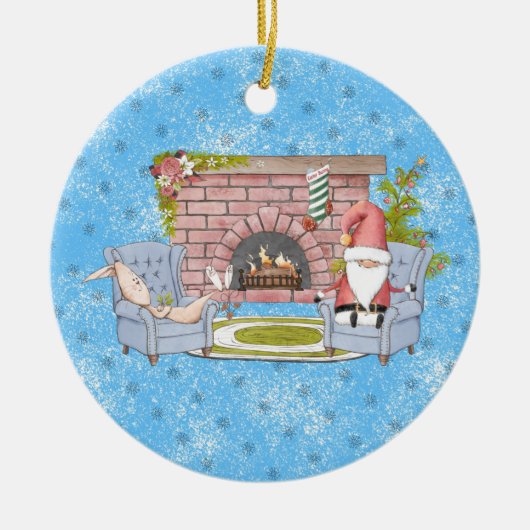 De Kerstman die door de Fireplace met Pasen Bunny  Keramisch Ornament (Voorkant)