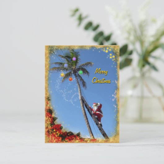 De kerstman die een palmboom versiert feestdagenkaart (Staand voorkant)