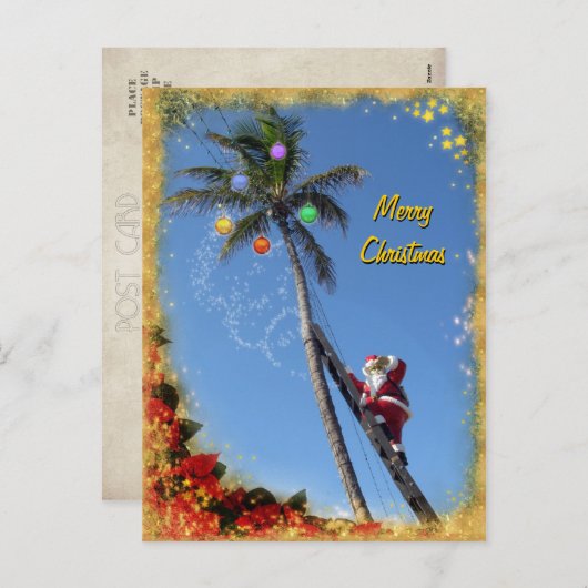 De kerstman die een palmboom versiert feestdagenkaart (Voorkant / Achterkant)