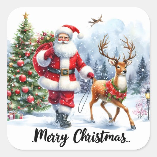 De Kerstman en het rendier in de sneeuw Vierkante Sticker (Voorkant)