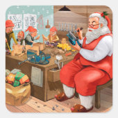 De Kerstman en zijn Elves in de Workshop Vierkante Sticker (Voorkant)