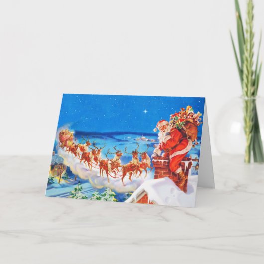 De kerstman en zijn rendier op de dak feestdagen kaart (Voorkant)