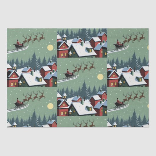 De Kerstman en zijn Sleigh Wrapping Paper Tissuepapier (Voorkant)