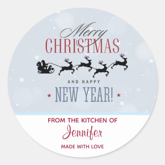 De kerstman en zijn vliegende rendierkeuken ronde sticker (Voorkant)
