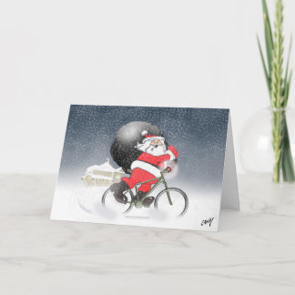 De kerstman fietst met zijn zak in de sneeuw. feestdagen kaart