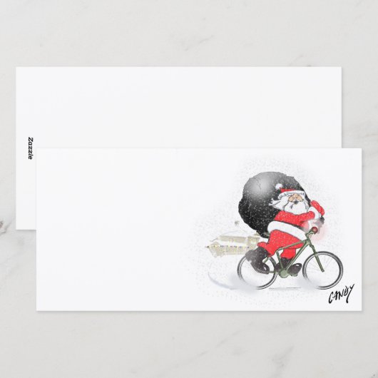 De kerstman fietst met zijn zak in de sneeuw. feestdagenkaart (Voorkant / Achterkant)