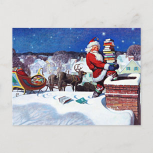 De Kerstman gaat de schoorsteen omlaag om boeken t Feestdagenkaart