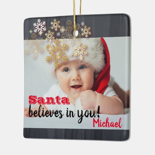 De Kerstman gelooft in jou, Snowflakes, Baby Foto Keramisch Ornament (Links)