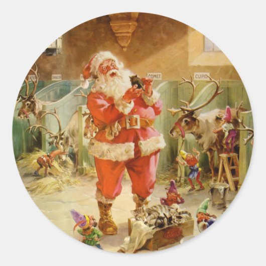De Kerstman in de Noordpool Rendierstallen Ronde Sticker (Voorkant)