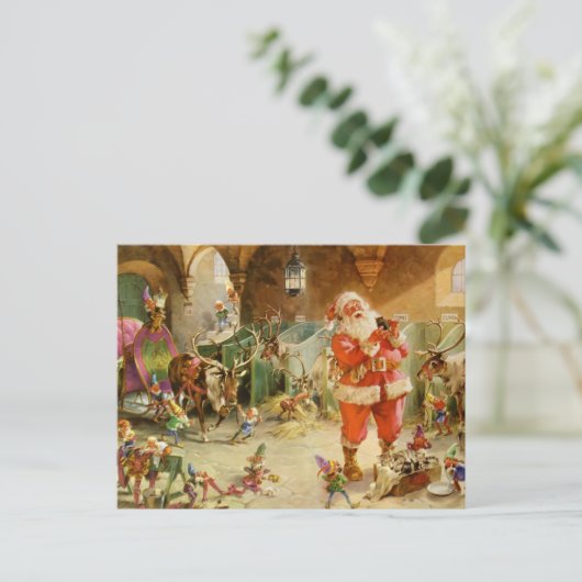 De Kerstman in de Stallen van het Rendier van Feestdagenkaart (Staand voorkant)