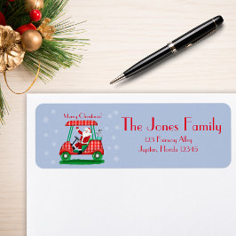 De kerstman in Golf Cart. Kerst! Etiket