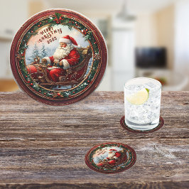 De Kerstman in zijn slee Ronde Kartonnen Onderzetter