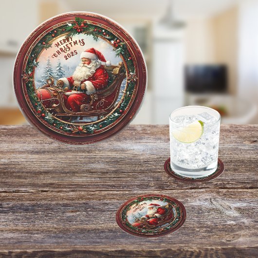 De Kerstman in zijn slee Ronde Kartonnen Onderzetter