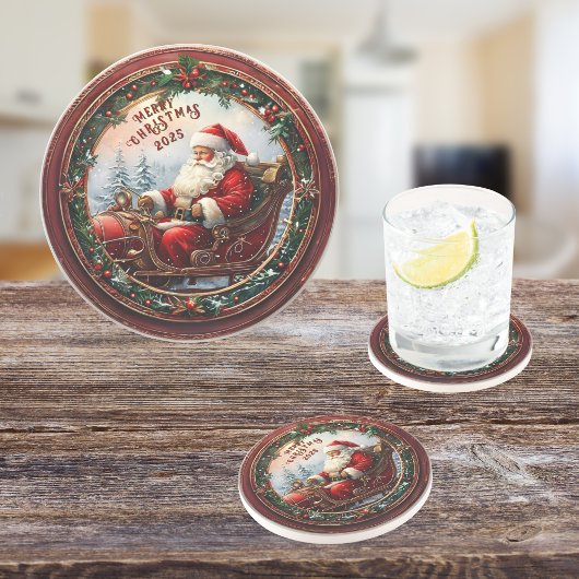 De Kerstman in zijn Sleigh Sandstone Zandsteen Onderzetter