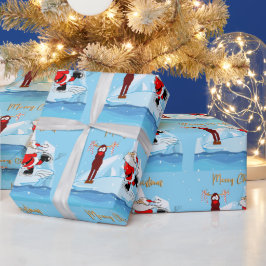 De Kerstman kan geen Schaats op Blue Christmas Cadeaupapier
