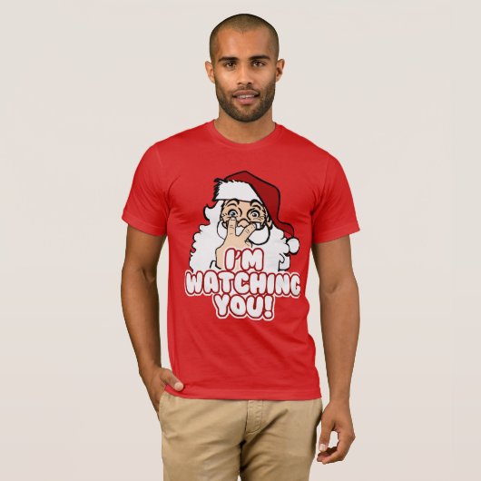 De kerstman kijkt naar grappige kerstmis t-shirt (Voorkant volledig)