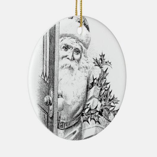 De  kerstman komt door de deur. keramisch ornament (Rechts)