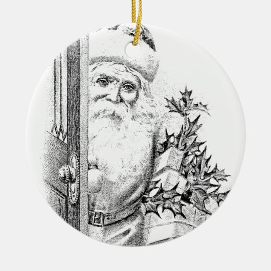 De  kerstman komt door de deur. keramisch ornament (Voorkant)