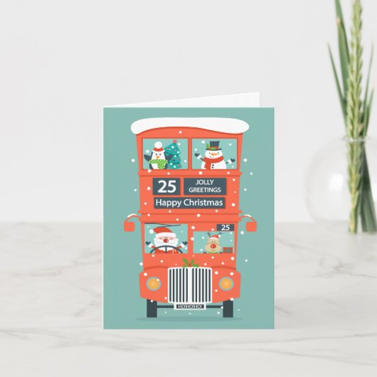 De kerstman komt in een dubbeldeksbus. feestdagen kaart (Voorkant)