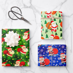 De kerstman komt met een enorme tas in 3 design inpakpapier vel