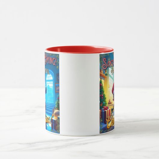 De kerstman komt uit de schoorsteen! mok (Midden)