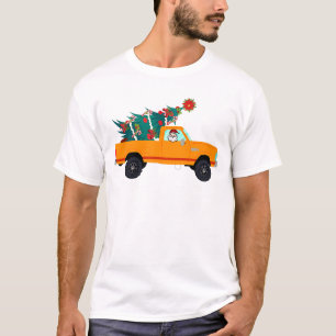 De kerstman levert een kerstboom in een 4x4 t-shirt