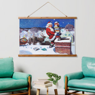 De Kerstman levert een lading Boeken Hangend Wandkleed
