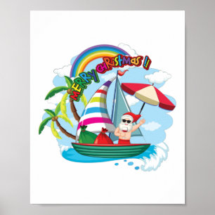 De kerstman op de boot tijdens het zomerthema. poster