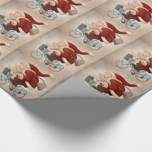 De kerstman rijdt met de fiets cadeaupapier (Hoek)