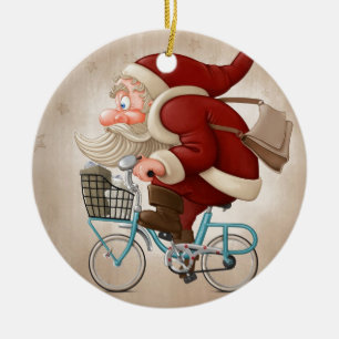 De kerstman rijdt met de fiets keramisch ornament