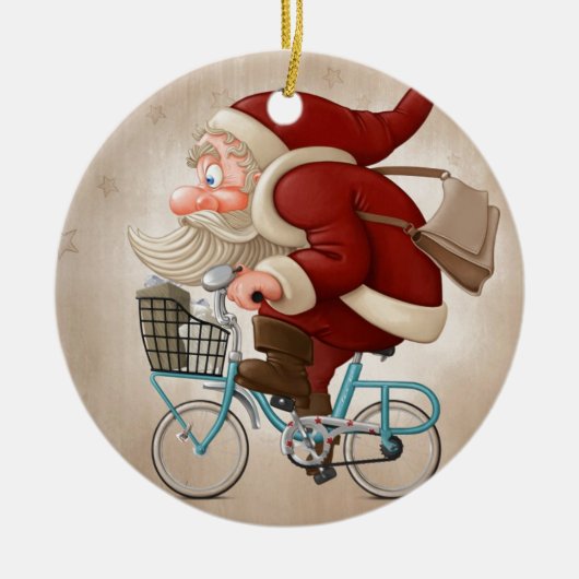 De kerstman rijdt met de fiets keramisch ornament (Voorkant)