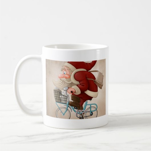 De kerstman rijdt met de fiets koffiemok (Links)
