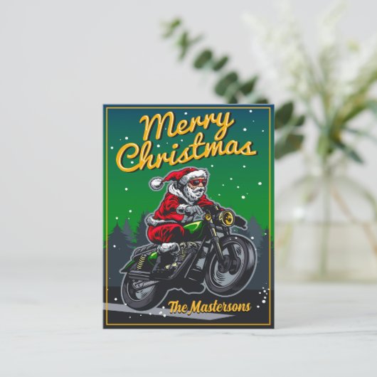 De Kerstman rijdt op een motorfiets Vrolijk Kerstf Feestdagenkaart (Staand voorkant)
