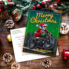 De Kerstman rijdt op een motorfiets Vrolijk Kerstf Feestdagenkaart