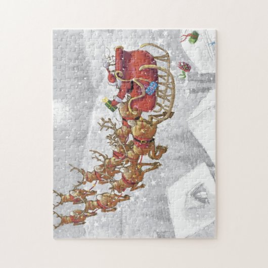 De kerstman rijdt op een slee met cadeaudoos legpuzzel (Verticaal)