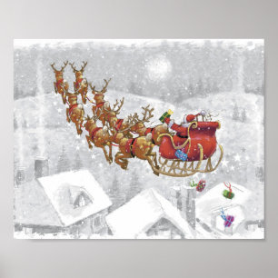 De kerstman rijdt op een slee met cadeaudoos poster