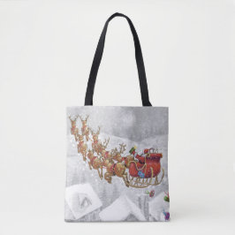 De kerstman rijdt op een slee met cadeaudoos tote bag