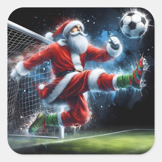De Kerstman schopt een Voetbal in de winter Vierkante Sticker (Voorkant)