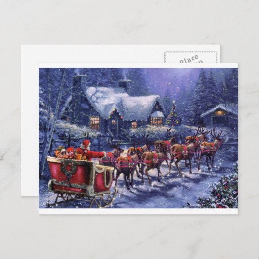 De kerstman vertrekt in zijn slee op kerstavond feestdagenkaart (Voorkant / Achterkant)