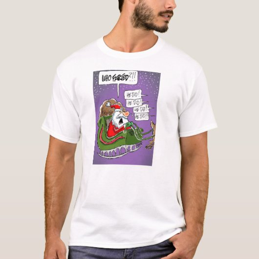 De kerstman "Wie is er gevlucht?!" Cartoon kerstT- T-shirt (Voorkant)