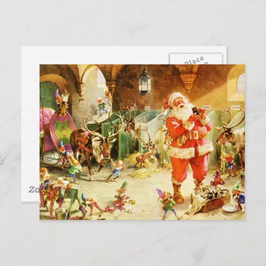 De Kerstman & Zijn Elfen in de Noordpool Stallen Feestdagenkaart (Voorkant / Achterkant)